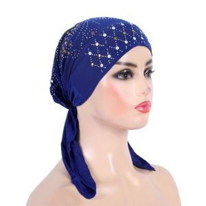 SSVFED Solid Color Turban Hijab Cotton Gold Sequins Pull On Headwrap Fashion Breathable Headscarf Hat