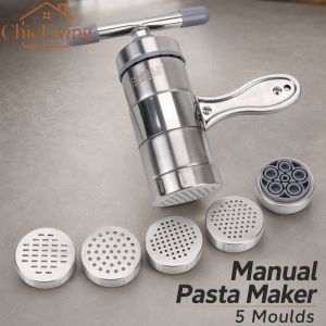 ChicLiving Home Furnishings Store Manual Pasta Maker Stainless Steel Multifunctional Noodle Press Juicer With 5 Moulds Home Kitchen Easy Clean