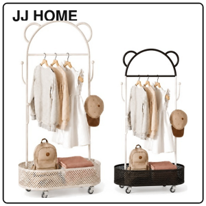 【JJ HOME】 Mobile Clothes Rack Bear Ear Stand Storage Basket Brake Wheels