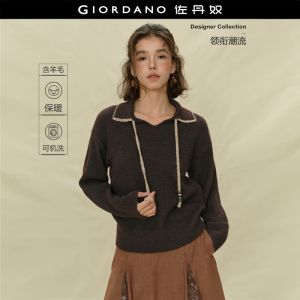 Giordano Women Knitted Pullover with Lapel Contrast Color & Tie Straps Free Shipping 18355516