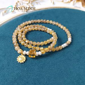 Vòng tay quấn 3 đá Thạch Anh Tóc Vàng VIP size 5.6 li phối ngọc trai charm hoa hướng dương viên Thạch Anh Vàng Citrine vuông | Hoa Minh Gem