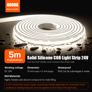 COB Flexible Neon LED Strip Light 24V DC - Self-Adhesive Waterproof Outdoor for Garden/Patio/Wall/Home Decoration | Cuttable & Bright Lighting