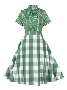 2025 New Hepburn R Bow Neck Striped and Plaid Print Summer Dress Women ons Front 1950s 60s Vintage A-Line Flare Dresses