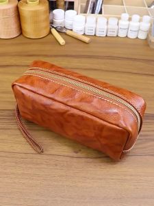 Vegetable-tanned top-grain leather toiletry bag pencil case storage bag large stationery bag clutch bag genuine leather large-capacity makeup bag