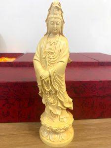 Tượng Phật Bà Quan Âm đứng đài sen chất liệu gỗ Hoàng Dương cao 21cm hàng thủ công mỹ nghệ chạm khắc tinh xảo