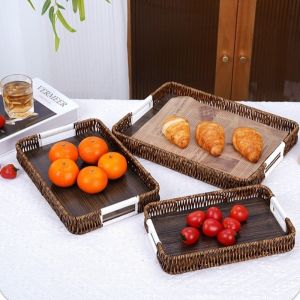MODERNLUX Handwoven Wicker Serving Tray Woven Handheld Versatile Woven Serving Basket  Retro Style Imitation Rattan Fruit Plate Kitchen Storage