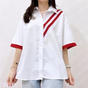 NANDO KEMEJA WANITA BAHAN KATUN POPLIN LIST TRENDY LENGAN PENDEK IMPORT 8271