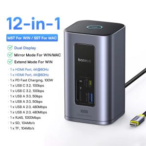Baseus 12-in-1 HUB Type C Docking Station HDMI 4K 60Hz Dual Display RJ45 SD TF PD Fast Charging 100W for Windows Mac Linux Vista
