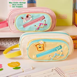 FGHJD Cartoon 3 Layers Pencil Bag Bread White Puppy Dog Aesthetic Stationery Storage Bag Multifunctional Canvas Large Capacity Pencil Bag School Office