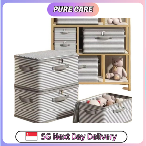 【Pure Care】 Striped Fabric Storage Box with Lid Foldable Clothes & Bedding Organiser 45L/50L