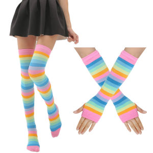 ถุงน่องลายทางสีรุ้งสำหรับผู้หญิงถุงเท้าสูงเหนือเข่าผ้ายืดหยุ่นได้เหนือเข่าถุงมือกันแดดหลากสีถุงเท้าครึ่งนิ้วสำหรับชุดถุงมือ