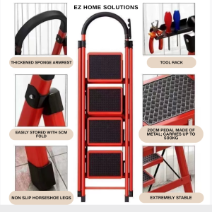 [READY STOCK] Heavy-Duty Home Ladder | Foldable | Anti-Slip | 4 to 6 Steps (Black / White / Red)