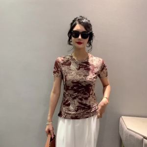 Ammin เสื้อเบลาส์ผู้หญิงเสื้อยืดผ้าฝ้ายหรูหราแขนลำลองขาสั้นพิมพ์ลายดอกไม้เสื้อผู้หญิงคอกลมไซส์ใหญ่พิเศษฤดูร้อน2024