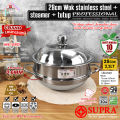 SUPRA wok 28cm + steamer + tutup kaca kombinasi stainless steel impact SUS 304 professional series / panci wajan penggorengan handle. 