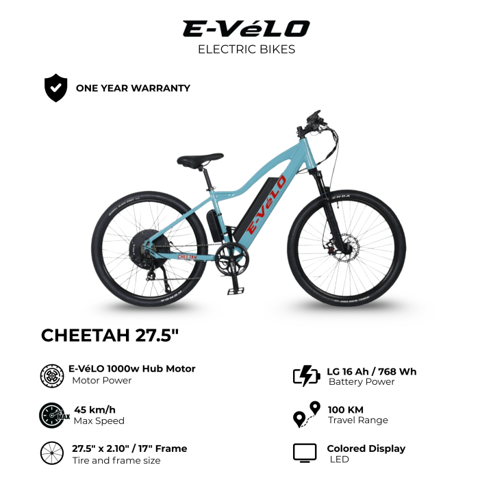 E-VeLO Cheetah Inch Electric Mountain Bike Glacier Blue 1000W