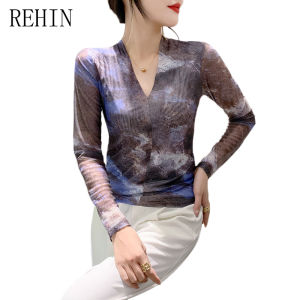 REHIN Autumn and winter new V-neck fashion printed mesh long-sleeved T-shirt slimming fit versatile blouse for women
