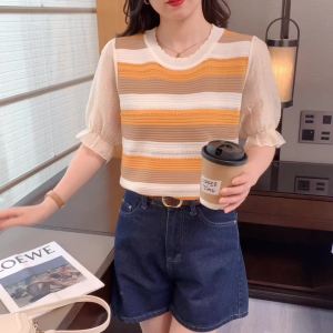 Ammin เสื้อผู้หญิงเสื้อคลุมไหมพรมตัวบางผ้าไอซ์ซิลค์เสื้อสง่างามแบบลำลองแขนพองหวานคอกลมใหม่ฤดูร้อน