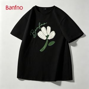 Banfno womens T shirt oversize Korean style short sleeve digital printing original floral print fresh cute 100% cotton Lucu flower couple T-shirts tops round neck .C