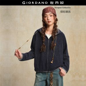 GIORDANO Women Jackets Gingham Splicing Knit Hooded Jackets Raglan Sleeve Zip Front Fashionable Casual Relaxed Jackets 18376808