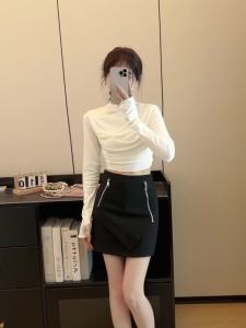 Ammin 2024 mùa hè eo cao có khóa kéo mới thời trang r Thiết kế khoá kéo đôi nửa váy nữ phong cách Hàn Quốc A-line chống ánh sáng đơn giản thanh lịch màu trơn Chân Váy Ngắn