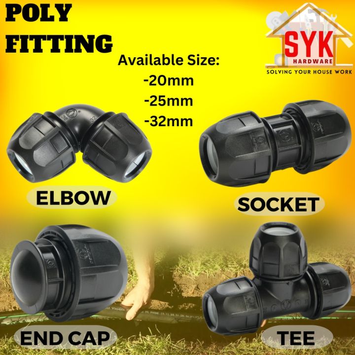 SYK Poly Fitting Poly Pipe Connector HDPE Poly Fitting Smart Coupler Elbow Tee End Cap Sambungan Paip Air
