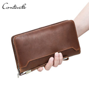 CONTACTS Genuine Leather Men Wallets with Card Slots Retro Travel Passport Wallets RFID Blocking Multi Functional Family Passport Handbag Wallets