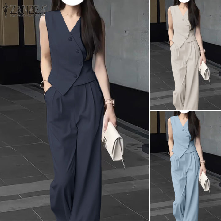 ZANZEA%20Korean%20Style%20Womens%20Work%20Elegant%20Sets%20V%20Neck%20Irregular%20Buttons%20Waistcoats%20Wide%20Leg%20Trousers%20Solid%20Suits%20#0918%20-%20Image%205
