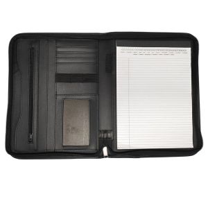 A4 PU Leather Portable Zipper Document Wallet with Calculator Business Padfolio Folder Document Case Organizer with Card Holder Memo Notepad