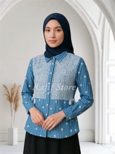 RAFIF TERBARU ATASAN KEMEJA WANITA MOTIF SALUR BUNGA KOMBINASI BRUKAT LENGAN PANJANG