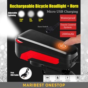 Bicycle Bike Waterproof Adjustable Headlight Front LED Light Touch Switch USB Rechargeable with Horn 350LM