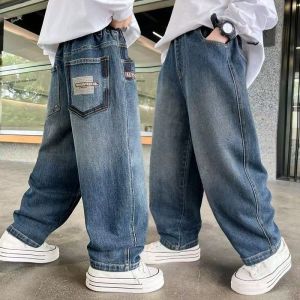 Korean Style Streetwear Kids Boys Casual Straight Letter Print Embroidered Elastic Waist Denim Jeans Pants Trousers With Real Pockets
