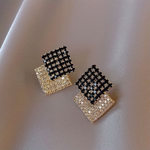 good 999 18K GOLD Fashion Asymmetric Zircon Checker Creative Design Sense Earrings ES69137