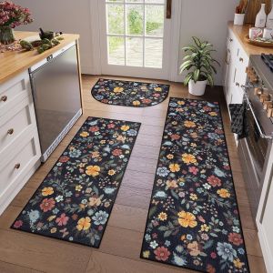 Floral Semi-Circle Rug 3-Piece Set - Kitchen Floor Mat Durable Home Combo Kitchen Mats Carpet 花卉半圆地毯三件套 厨房垫地 家用耐耐磨组合厨垫 FUNIANQI