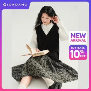 GIORDANO Women Dresses Fake Two-Piece Spliced Floral Jacquard Vest Dresses A-Line Fashionable Casual Midi Dresses 18466629