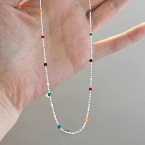925 Silver Sterling Silver Necklace With Simple Geometric Multicolour Beads Choker Shiny Delicate Collarbone Chain For Womens