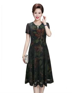 SHOPPRO - Đầm Xoè Trung Niên Sang Trọng Kiểu Đầm  Xoè In Hoạ Tiết Phối Lưới Thun Kèm Phụ Kiện 3332
