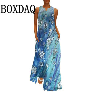 Vintage Print Maxi Dress For Women Summer Loose Sleeveless Long Dresses Elegant Lady V Neck Pockets Boho Beach Sundress Vestidos