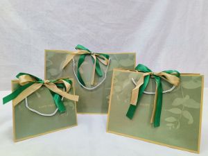 ถุงกระดาษ หูหิ้ว ถุงของขวัญ ถุงรับไหว้ สีเขียวขอบทองลายใบไม้ ริบบิ้นทูโทน สีทอง+เขียว พร้อมส่ง..
