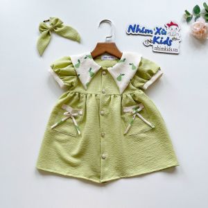 Váy Màu Xanh Cốm Cúc Ngọc Bé Gái 4 - 28kg Chất Đũi Xốp Mềm [V074]