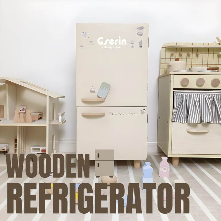 BYJ Wooden Butter Two Door Refrigerator Pretend Play Furniture for