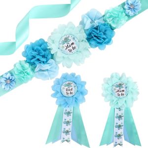 Turtle Baby Shower Maternity Sash Kit - Sea Animal Theme Baby Shower Belly Belt and Mom to Be & Dad to Be Corsage Pins New Parents Pregnancy Photo Props Party Supplies