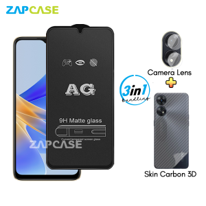 Oppo A17k PAKET 3in1 Tempered Glass Anti Glare Free Camera Lens dan Skin Carbon