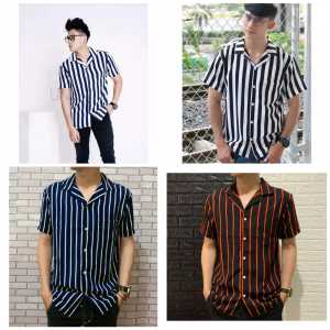 ABIMA STORE Kemeja pria slimfit /kemeja pendek murah tiap hari/kemeja stripe pria hitam/kemeja pria salur/kemeja pendek salur kekinian/  kemeja pendek pria terbaru 2023