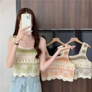 GOLDVAULT Knitted Crop Top Embroidery Pattern Retro Sleeveless Vest Fashion Elegant Short Top Women