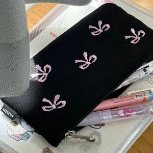 pamelaea Ins Style Simple Black Bow Pencil Case Large Capacity Pencil Storage Bag Cosmetic Bag Stationery Organizer School Supplies