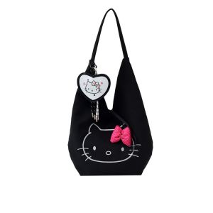 COPOTIYA คาวาอิ กระเป๋าโท้ทคิตตี้ สร้างสรรค์และสร้างสรรค์ ไนลอนทำจากไนลอน กระเป๋าเดินทางใต้วงแขน ลำลองแบบสบายๆ สองด้าน กระเป๋าสะพายไหล่รูปแมว KT นักเรียนก็อก