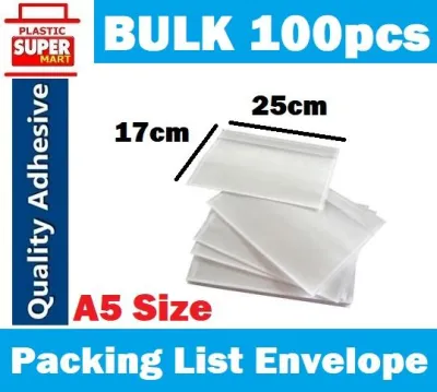 100pcs [A5 Size = 17cm x 25cm] Packing List Clear No Print Adhesive Packing List Envelopes / Plastic Poly Shipping labels Pouches Bag