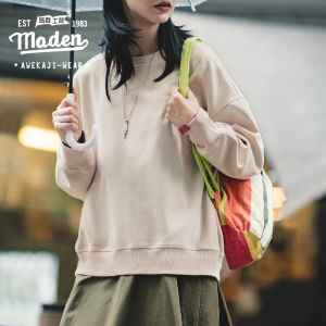 MADEN brand Tooling Style Ladies Youth American Retro 320g Heavyweight Brushed Sweater Solid Color Round Neck Pullover Loose Lazy Wind Sweater