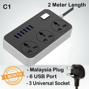 6 USB + 3 Universal Power Strip  Multi Plug Extension Socket  Surge Protection  2 USB 4 Socket  2Meter Multifunction