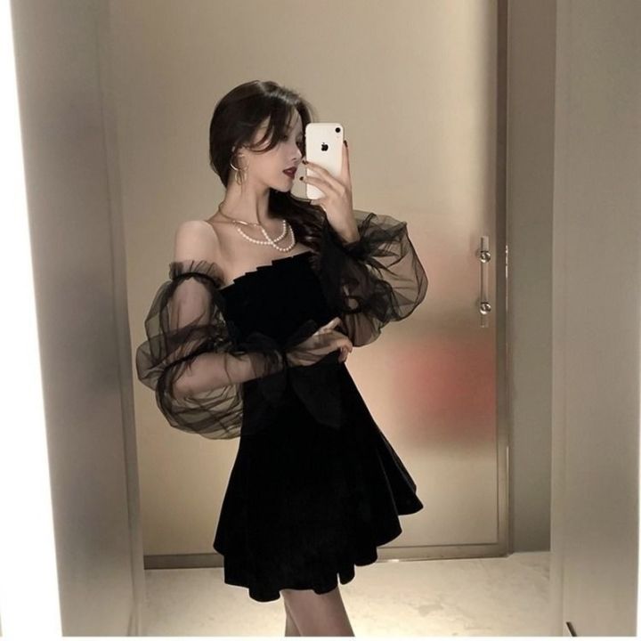 Mei girl clothing]New 2022 Black Retro Dress Women Lace Chiffon
